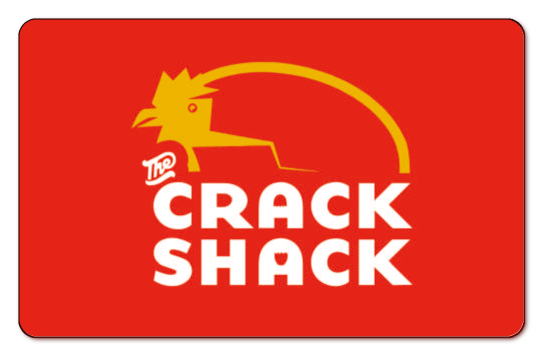 Crack Shack logo on a white background with the tagline The Best Reason to Cross the Road and two illustrated chickens.