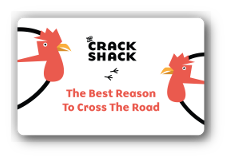 Crack Shack logo on a white background with the tagline The Best Reason to Cross the Road and two illustrated chickens.